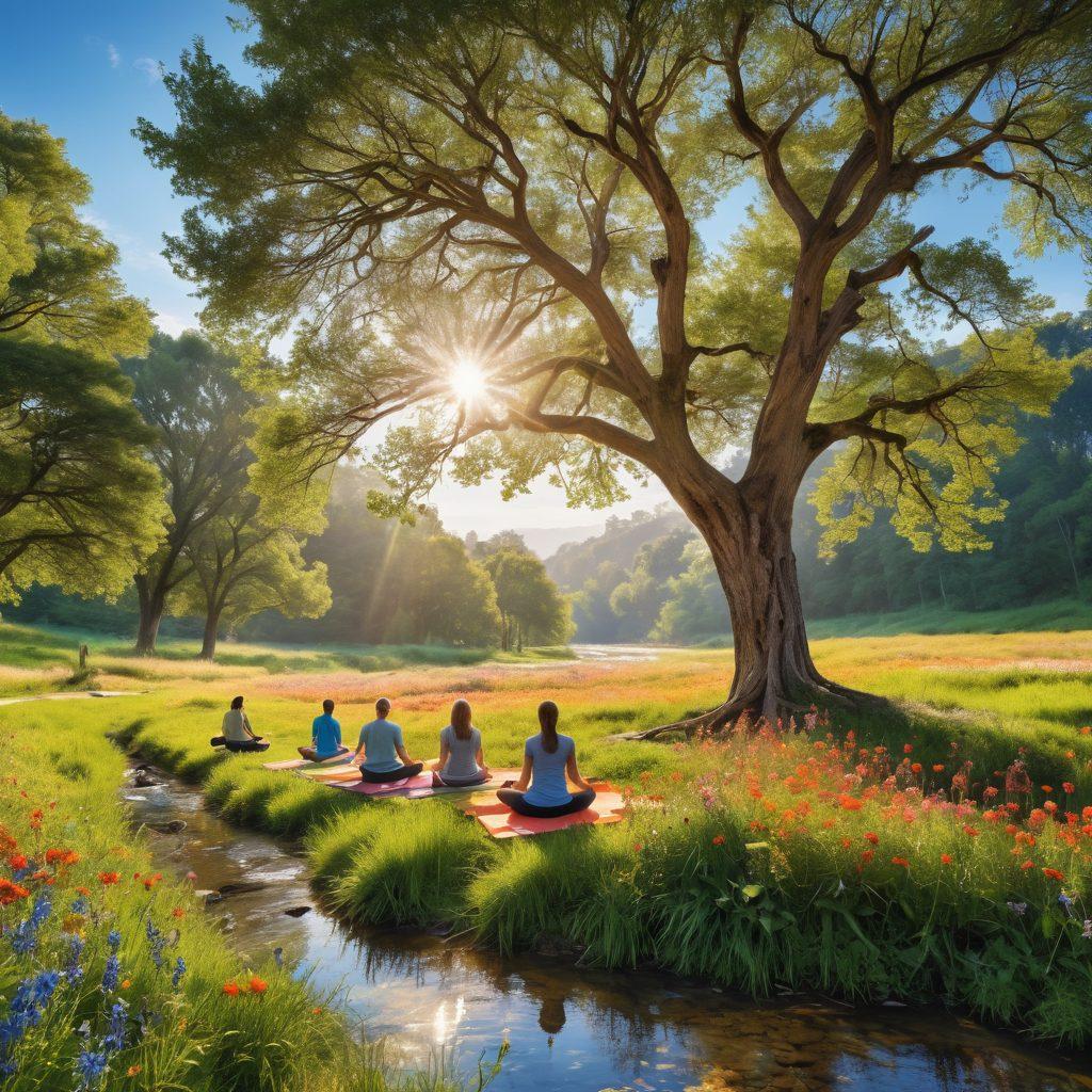 A serene outdoor scene showcasing a diverse group of people enjoying leisure activities like yoga under a tree, hiking on lush trails, and having a picnic in a sunlit meadow. Include vibrant flowers and a gentle stream flowing nearby, symbolizing wellness and vitality. The atmosphere is bright and inviting, encapsulating joy and a carefree lifestyle. super-realistic. vibrant colors. natural scenery.