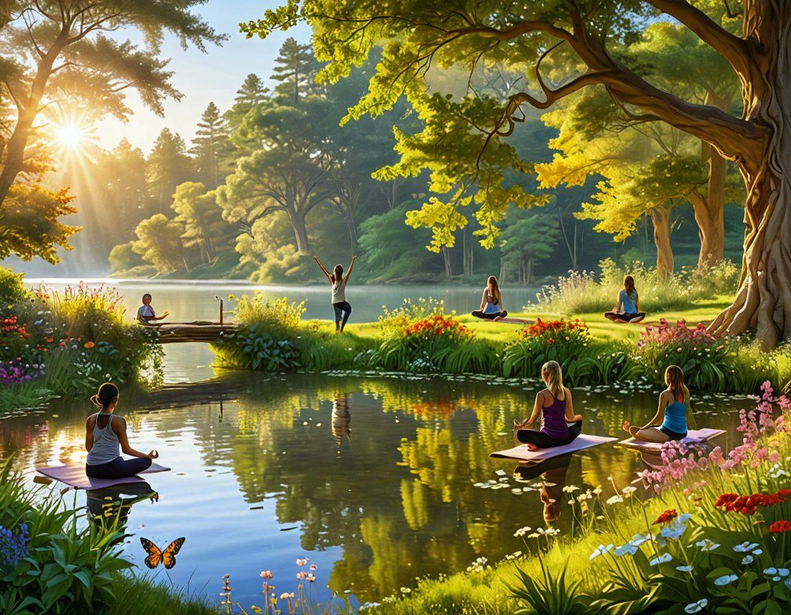A serene landscape featuring a group of diverse people joyfully enjoying nature, with lush green trees and a sparkling lake in the background. Include elements symbolizing wealth, such as golden sunlight bathing the scene and the characters engaging in relaxed activities like yoga and meditation. Emphasize a carefree and happy atmosphere, adorned with colorful flowers and butterflies fluttering around. vibrant colors. super-realistic.